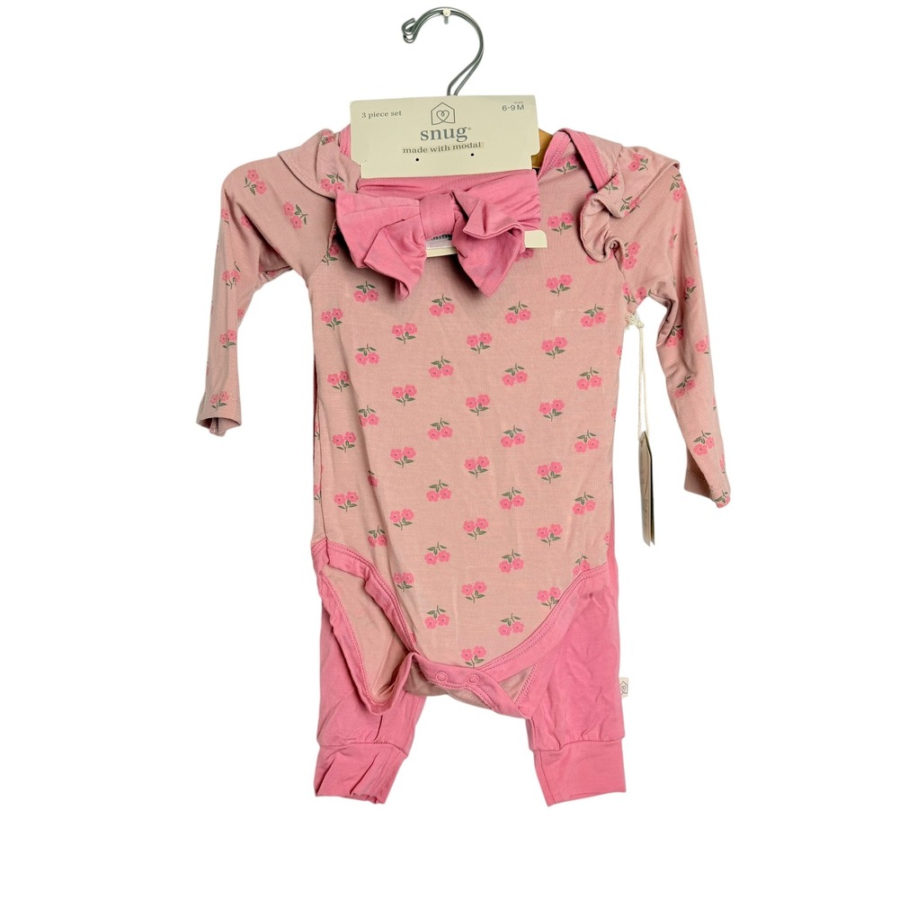 Snug Baby Girls Floral Modal Bodysuit Pants and Headband 3 Piece Set Pink 6-9M